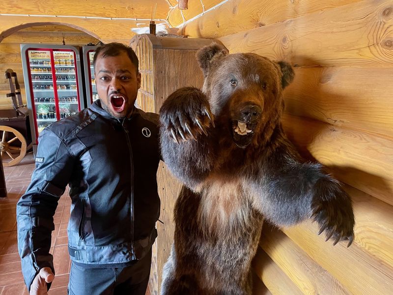 Lunch in hunters-style restaurant in Russian mototour