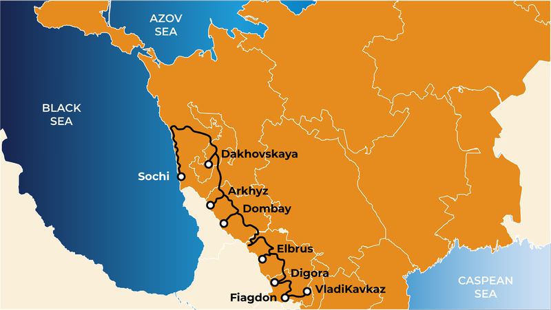 Sochi-Elbrus-Vladikavkaz tour map