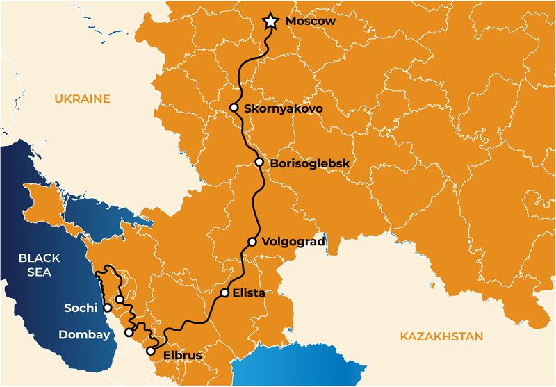 Sichi-Elbrus-Volgrad-Moscow tour map